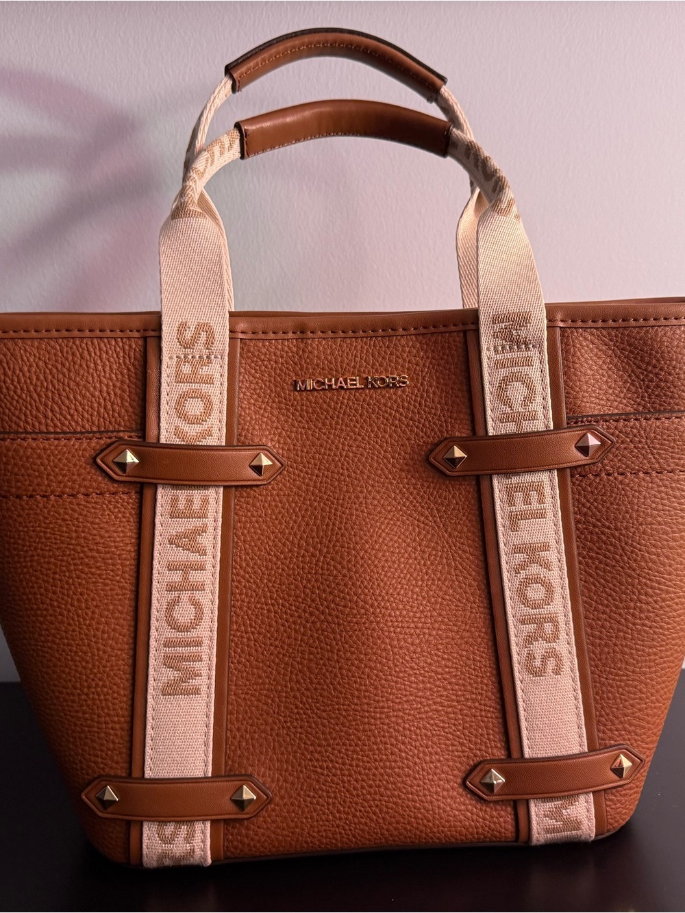 Michael Kors Brown Pebbled Leather Tote with Cream Logo Straps. NWT